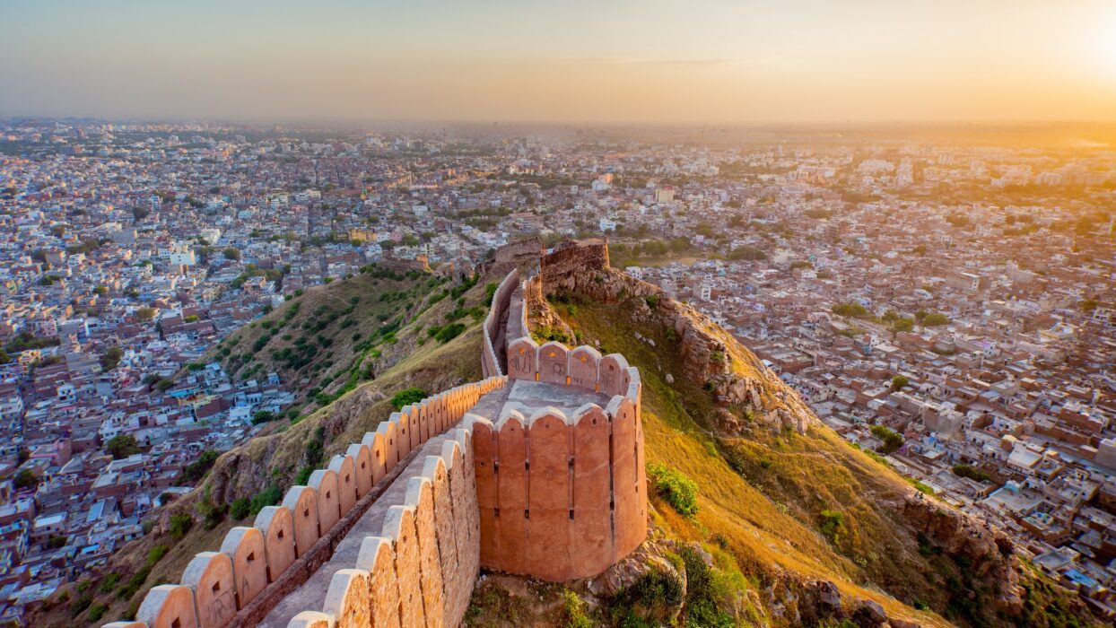 aerial,view,of,jaipur,from,nahargarh,fort,at,sunset