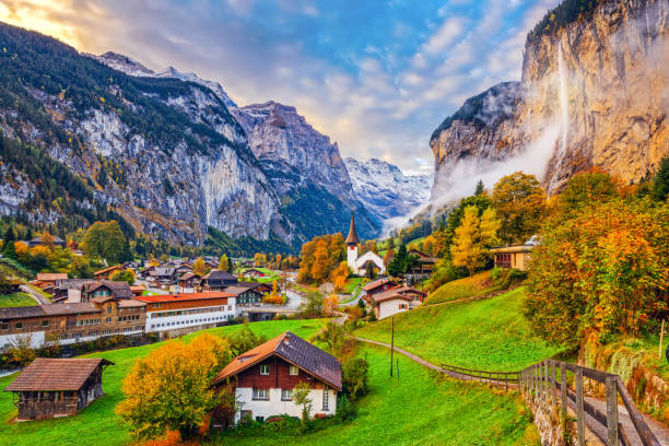 lauterbrunnen, switzerland beautiful morning during autumn season.