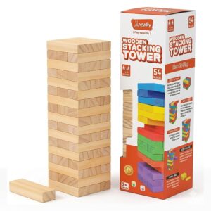 wudly 54 piece wooden tumbling tower | classic block stacking family game | wooden toy